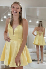 Classic A Line Spaghetti Straps Yellow Homecoming Dress Prom Dress with Criss Cross