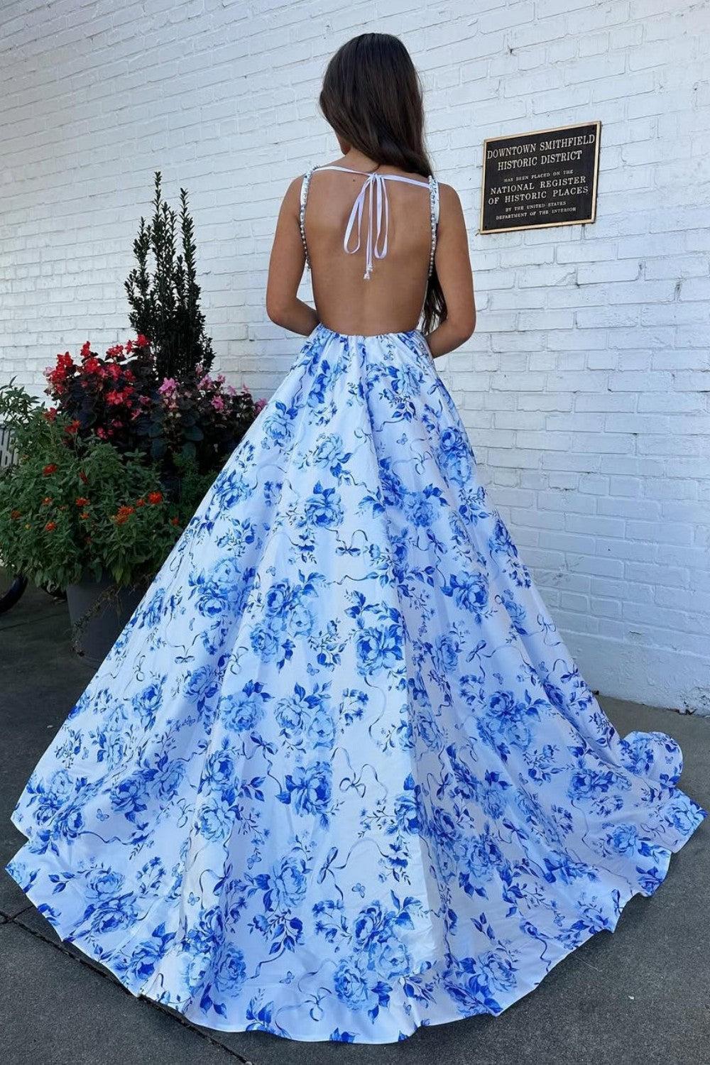 Classic Blue Floral A-Line Square Neck Backless Long Prom Gown Formal Evening Gown