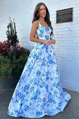 Classic Blue Floral A-Line Square Neck Backless Long Prom Gown Formal Evening Gown