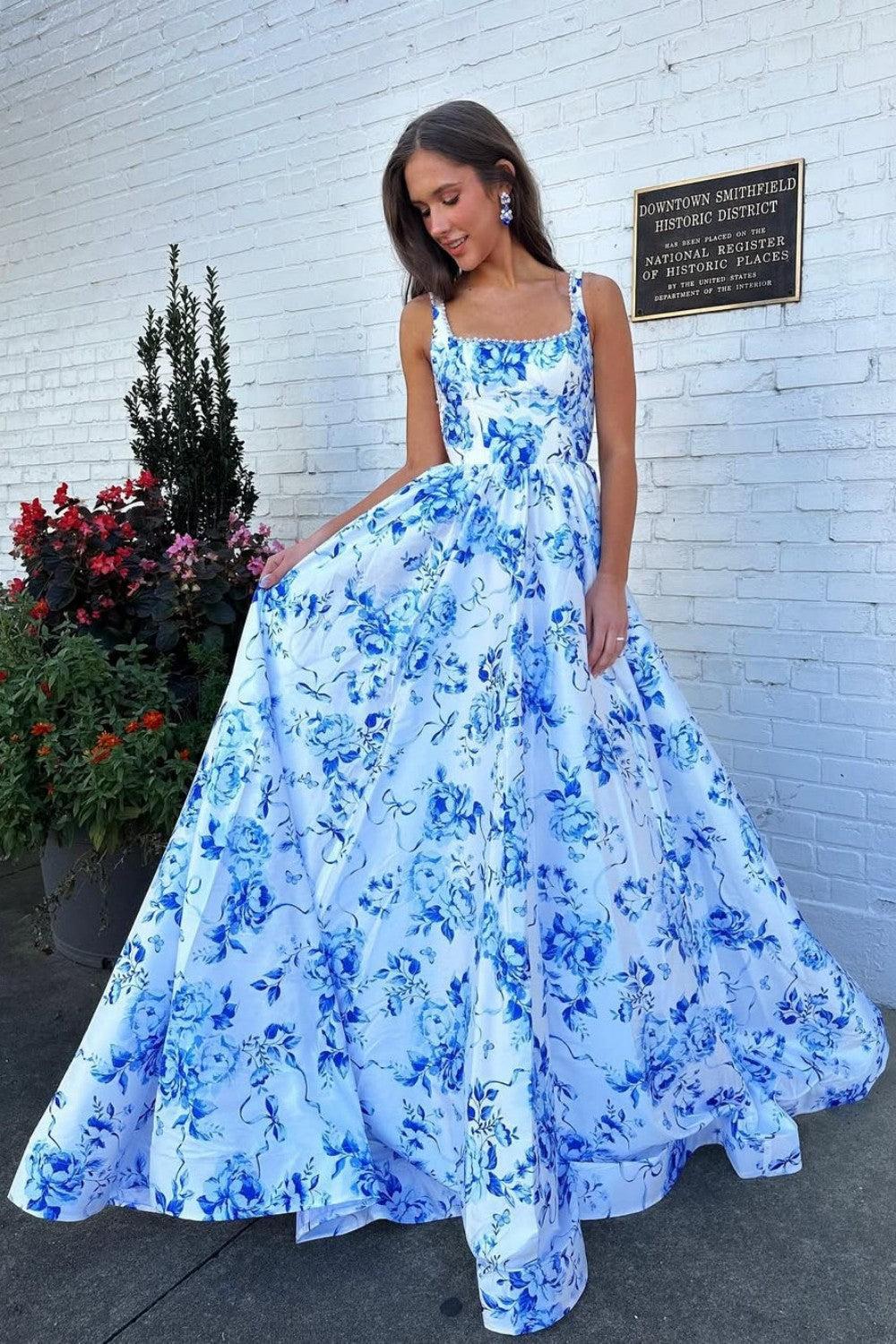 Classic Blue Floral A-Line Square Neck Backless Long Prom Gown Formal Evening Gown