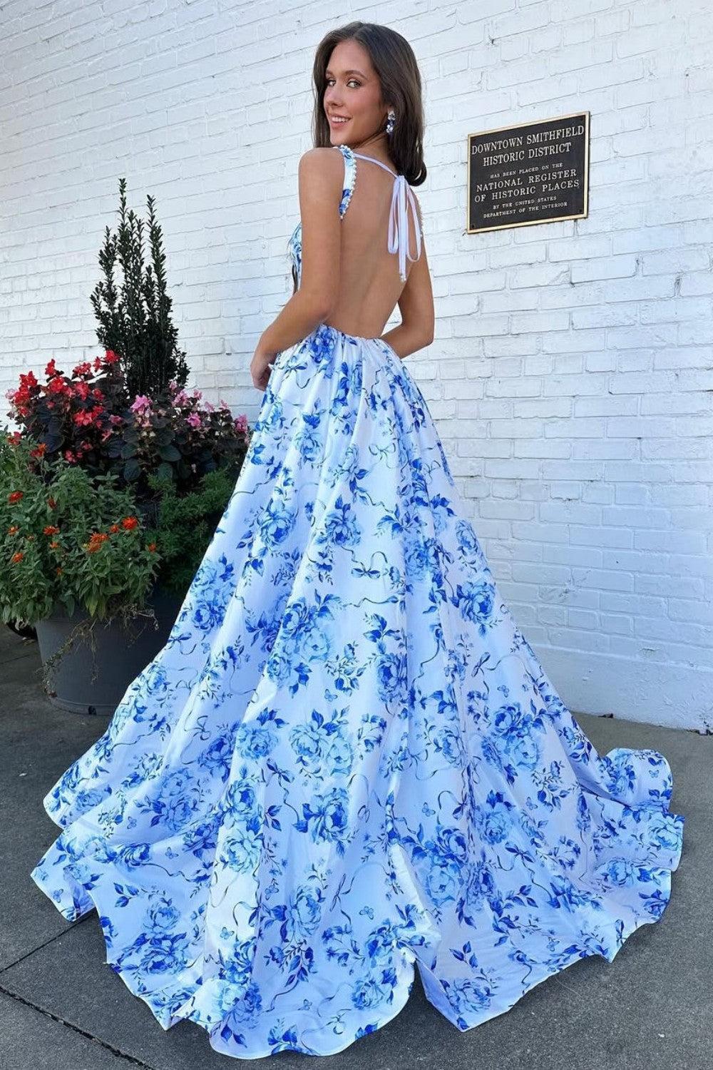 Classic Blue Floral A-Line Square Neck Backless Long Prom Gown Formal Evening Gown