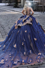 Classic & Eleant Ball Gown Off Shoulder Sleeveless Gold Flowers Appliques Ruffles Tiered Navy Blue Tulle Quinceanera Dress Formal Evening Party Dress Cocktail Dress For Sweet 16
