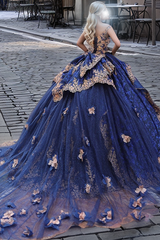 Classic & Eleant Ball Gown Off Shoulder Sleeveless Gold Flowers Appliques Ruffles Tiered Navy Blue Tulle Quinceanera Dress Formal Evening Party Dress Cocktail Dress For Sweet 16