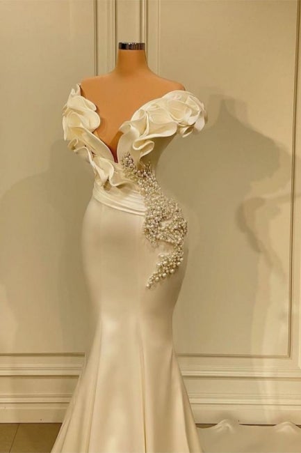 Classic Formal Dress Long Pearl Ruffle Wedding Guest Dress
