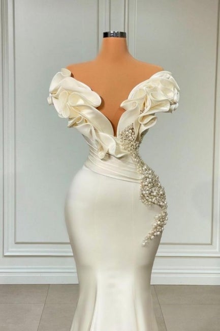 Classic Formal Dress Long Pearl Ruffle Wedding Guest Dress