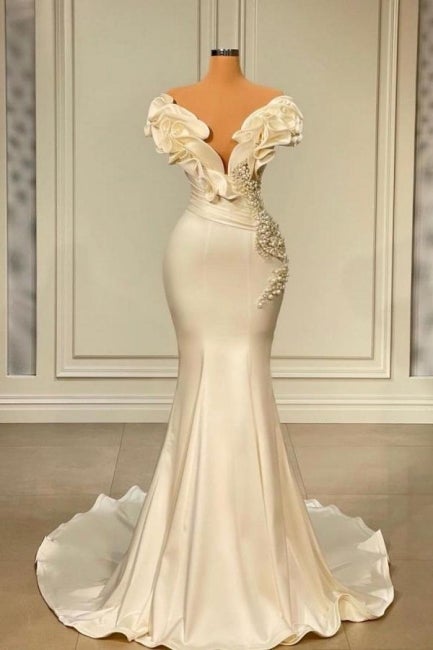 Classic Formal Dress Long Pearl Ruffle Wedding Guest Dress