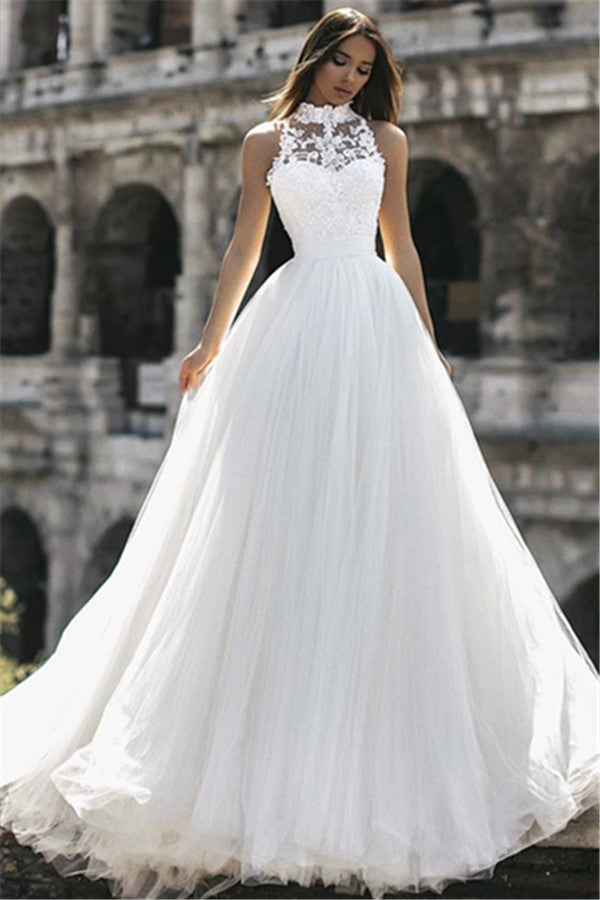 Classic High Neck Sleeveless Appliques A Line Floor Length Wedding Dress