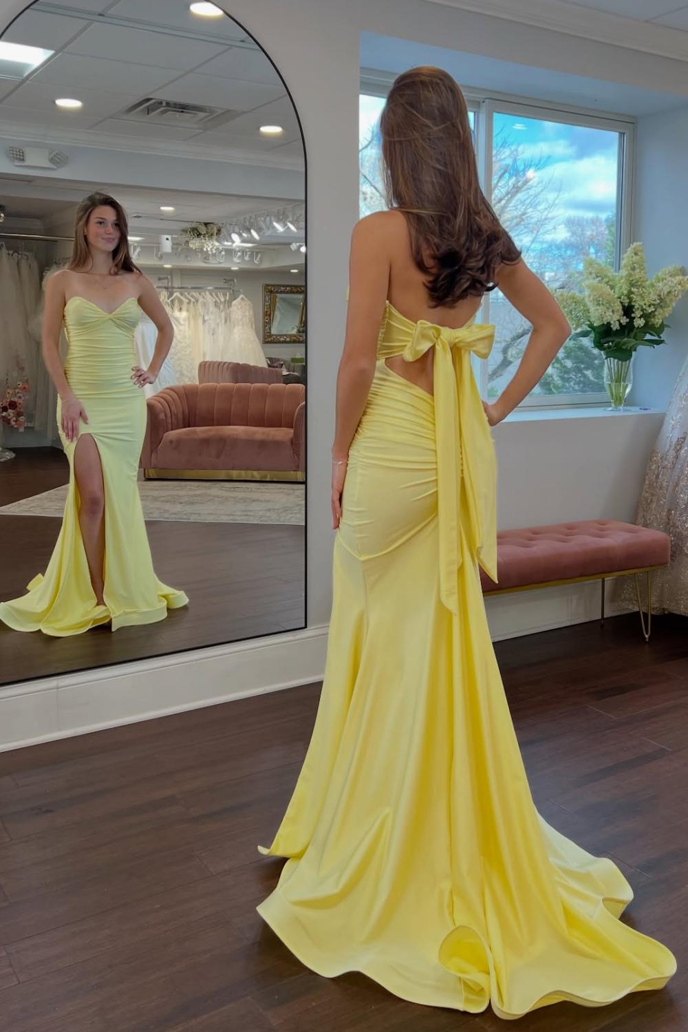 Classic Mermaid Sweetheart Yellow Long Prom Dress With Split Front Open Back Formal Evening Gown