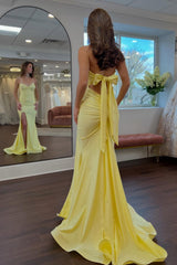 Classic Mermaid Sweetheart Yellow Long Prom Dress With Split Front Open Back Formal Evening Gown