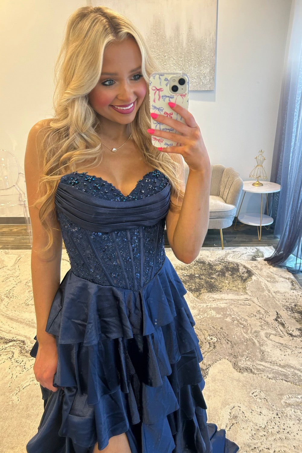 Classic Navy Blue A-Line Sweetheart Corset Prom Dress With Tiered Skirt Formal Evening Gown