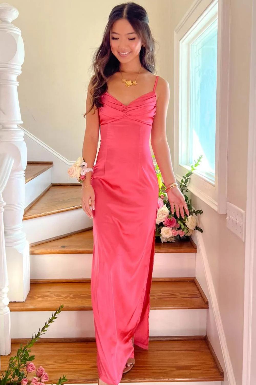 Classic Sheath Spaghetti Straps Candy Pink Long Prom Dress With Ruched Formal Evening Gown