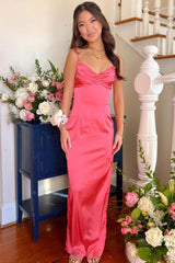 Classic Sheath Spaghetti Straps Candy Pink Long Prom Dress With Ruched Formal Evening Gown