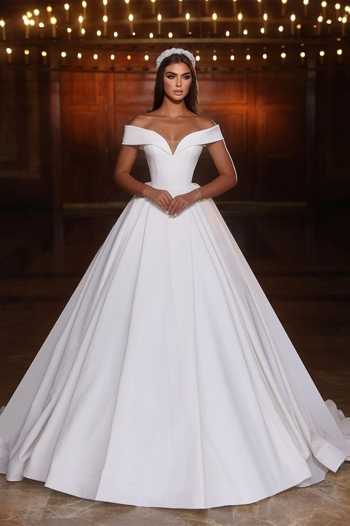 Dreamyannie Women Classic White Wedding Dress Ball Gown Off The Shoulder Satin Bridal Gown Dreamyannie Women Classic White Wedding Dress Ball Gown Off The Shoulder Satin Bridal Gown