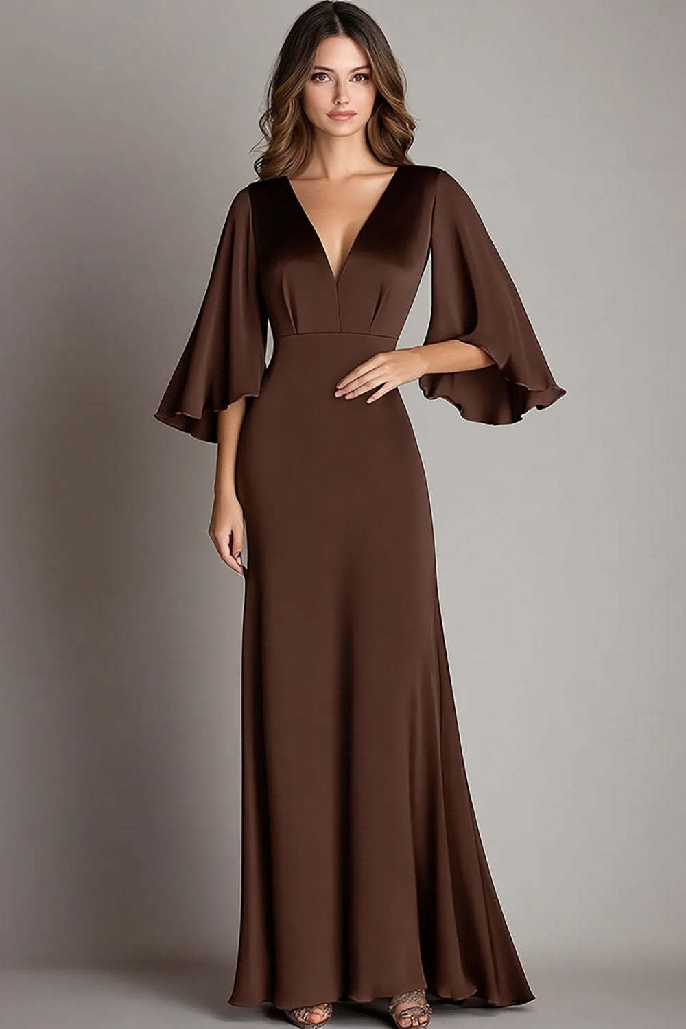 Coffee Formal Dress Satin V Neck Sheath Long Wedding Guest Dress With 3/4 Sleeves