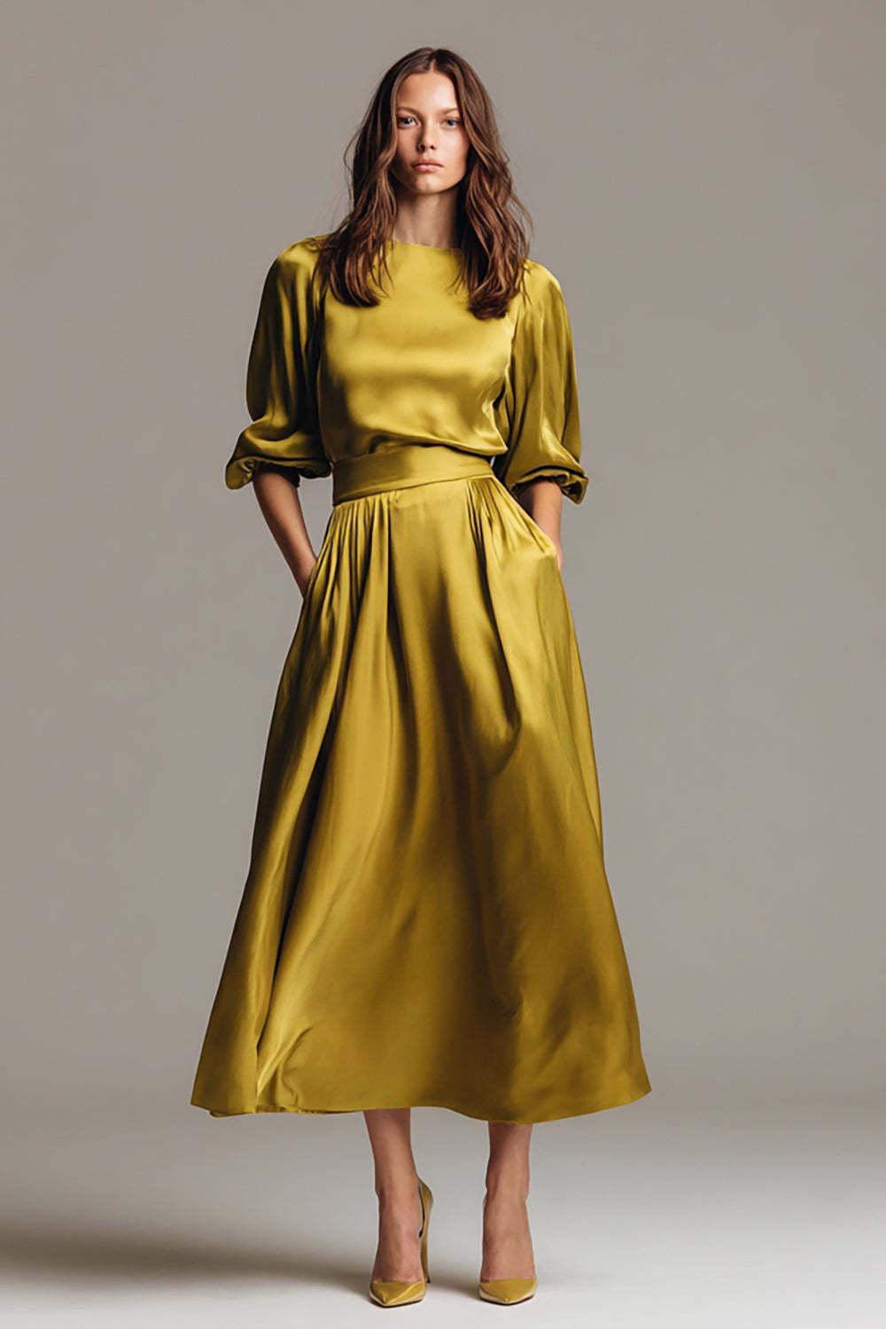 Coffee Satin Half Sleeves A-Line Long Evening Dress