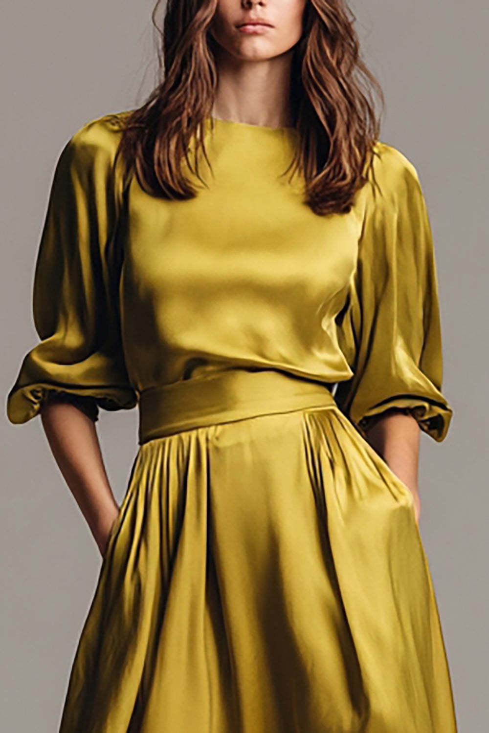 Coffee Satin Half Sleeves A-Line Long Evening Dress