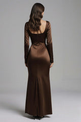 Coffee Satin Mermaid Square Neck Long Evening Dress With Sleeves