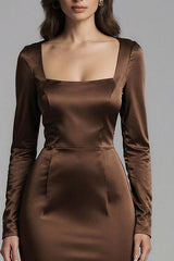 Coffee Satin Mermaid Square Neck Long Evening Dress With Sleeves