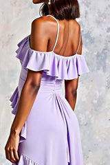 Cold Shoulder Lilac Ruffled Long Chiffon Formal Dress