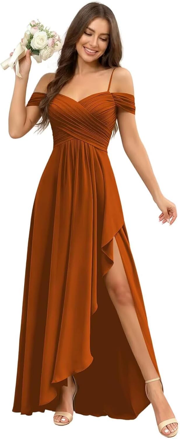 Cold Shoulder Pleated Chiffon Bridesmaid Dress with Ruffle Slit