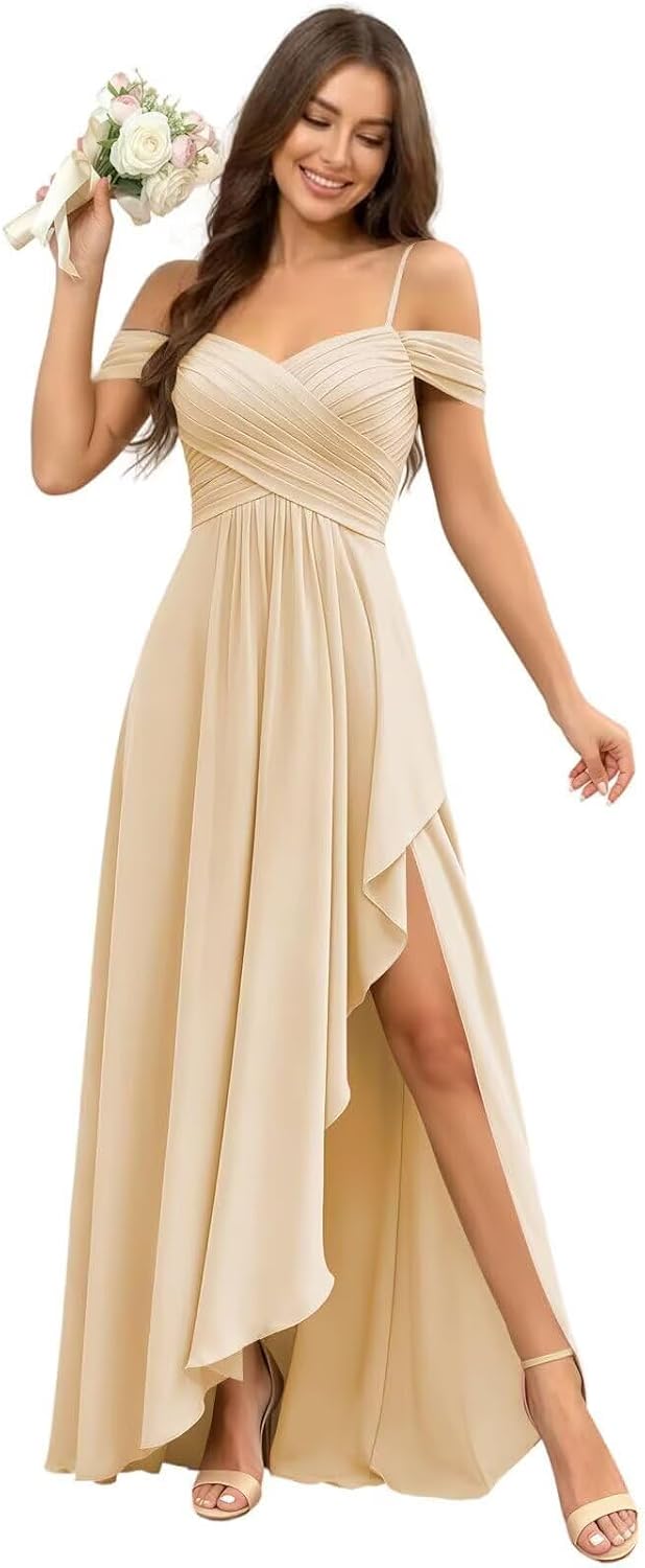 Cold Shoulder Pleated Chiffon Bridesmaid Dress with Ruffle Slit