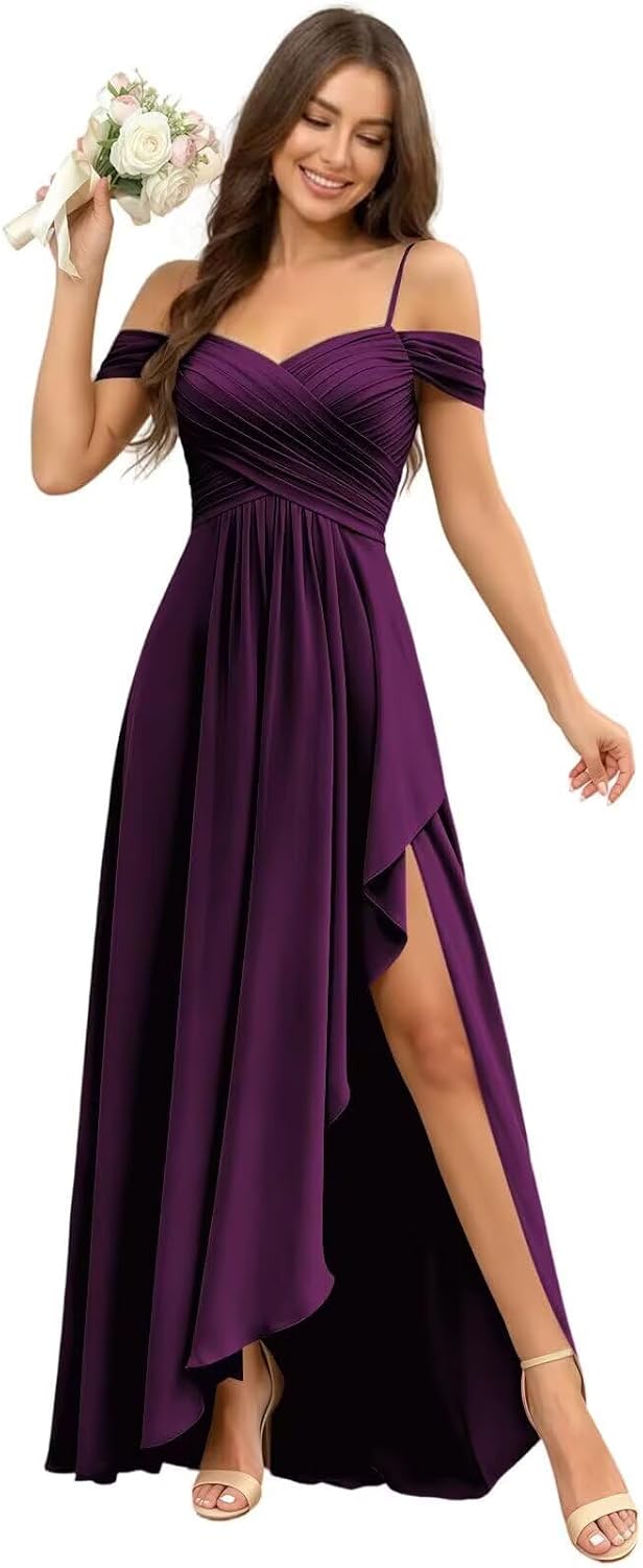 Cold Shoulder Pleated Chiffon Bridesmaid Dress with Ruffle Slit