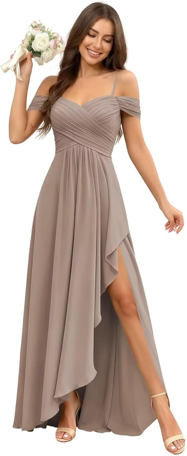 Cold Shoulder Pleated Chiffon Bridesmaid Dress with Ruffle Slit