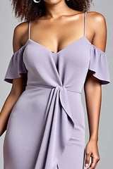 Cold Shoulder Ruffled Lilac Long Formal Dress With Slit