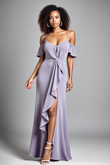 Cold Shoulder Ruffled Lilac Long Formal Dress With Slit