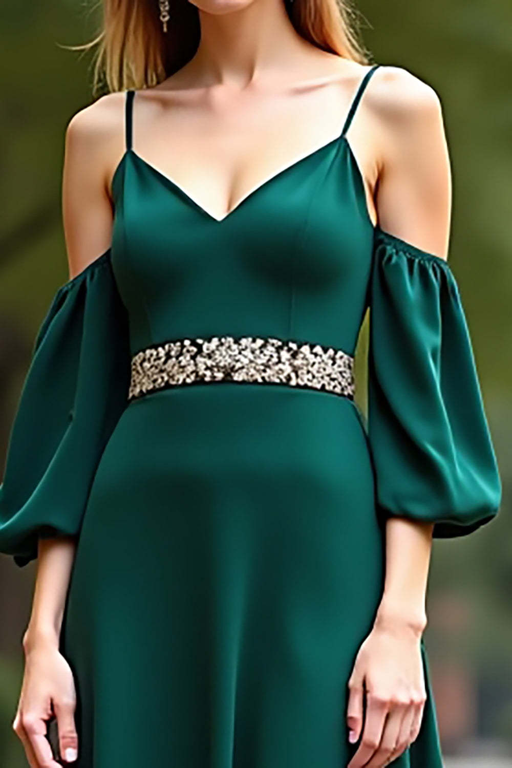 Cold Shoulder Satin Dark Green Wedding Guest Dress Long Formal Dress