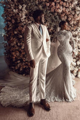 Column Lace High Neck Sleeve White Wedding Dress Bridal Gown With Appliques Train