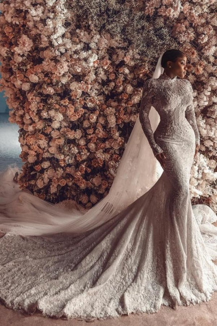 Column Lace High Neck Sleeve White Wedding Dress Bridal Gown With Appliques Train