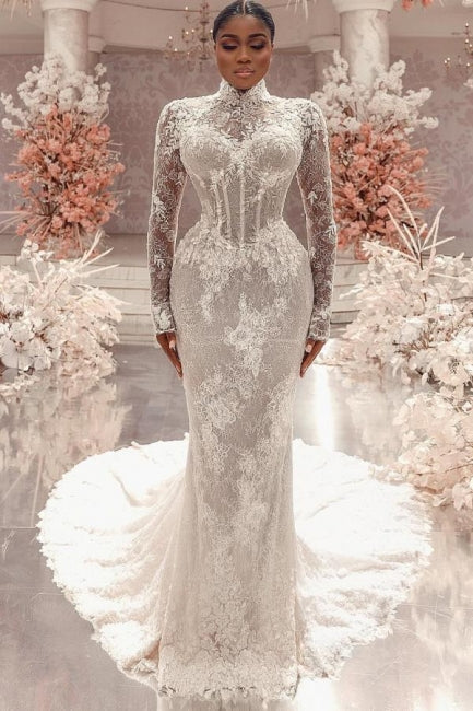 Column Lace High Neck Sleeve White Wedding Dress Bridal Gown With Appliques Train
