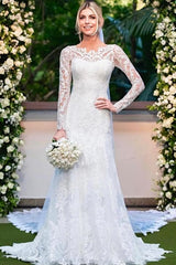 Column Lace Long Sleeve White Wedding Dress Bridal Gown With Appliques