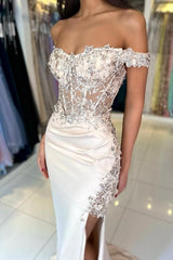 Column Lace Off The Shoulder Sleeveless Formal Dress With Slit