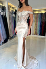 Column Lace Off The Shoulder Sleeveless Formal Dress With Slit