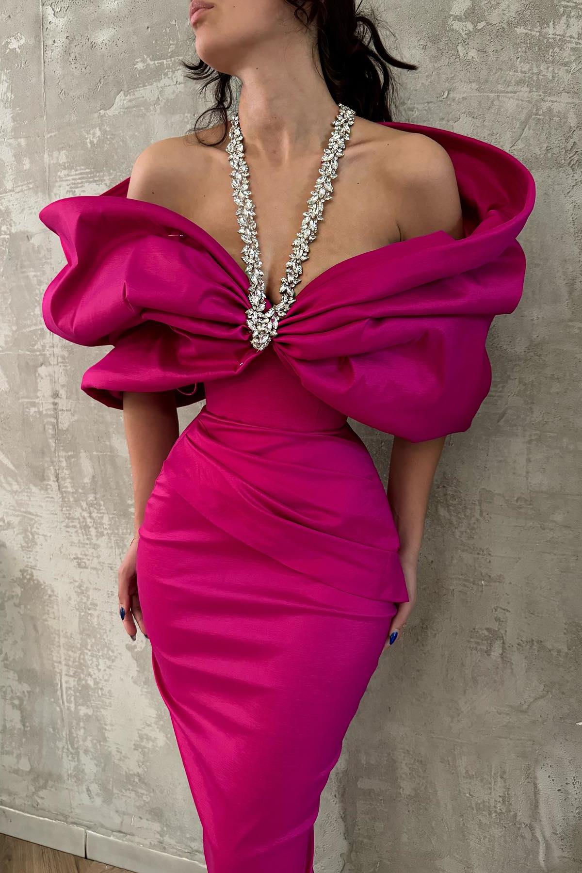 Column Satin Halter Half Sleeve Pink Prom Dress Formal Dress With Bow Knot