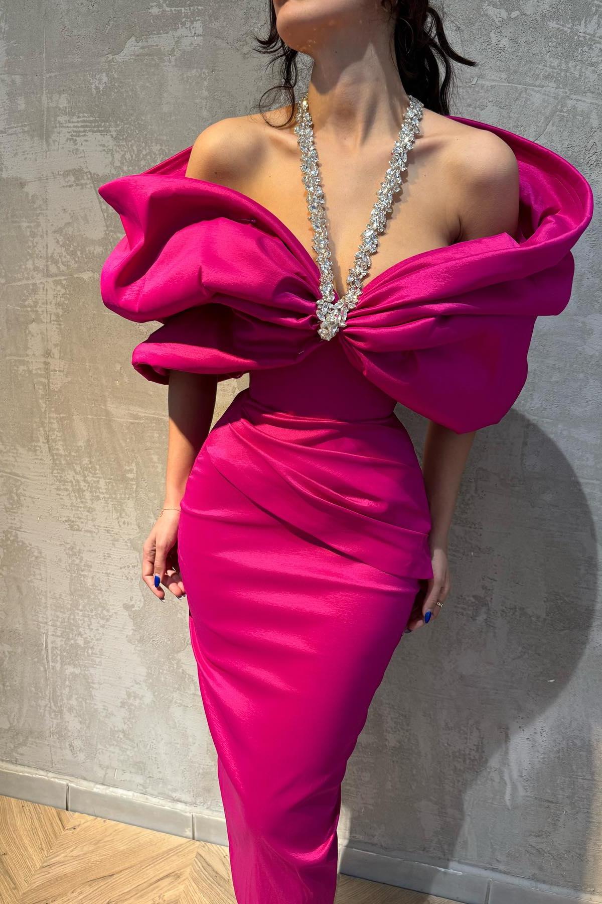 Column Satin Halter Half Sleeve Pink Prom Dress Formal Dress With Bow Knot