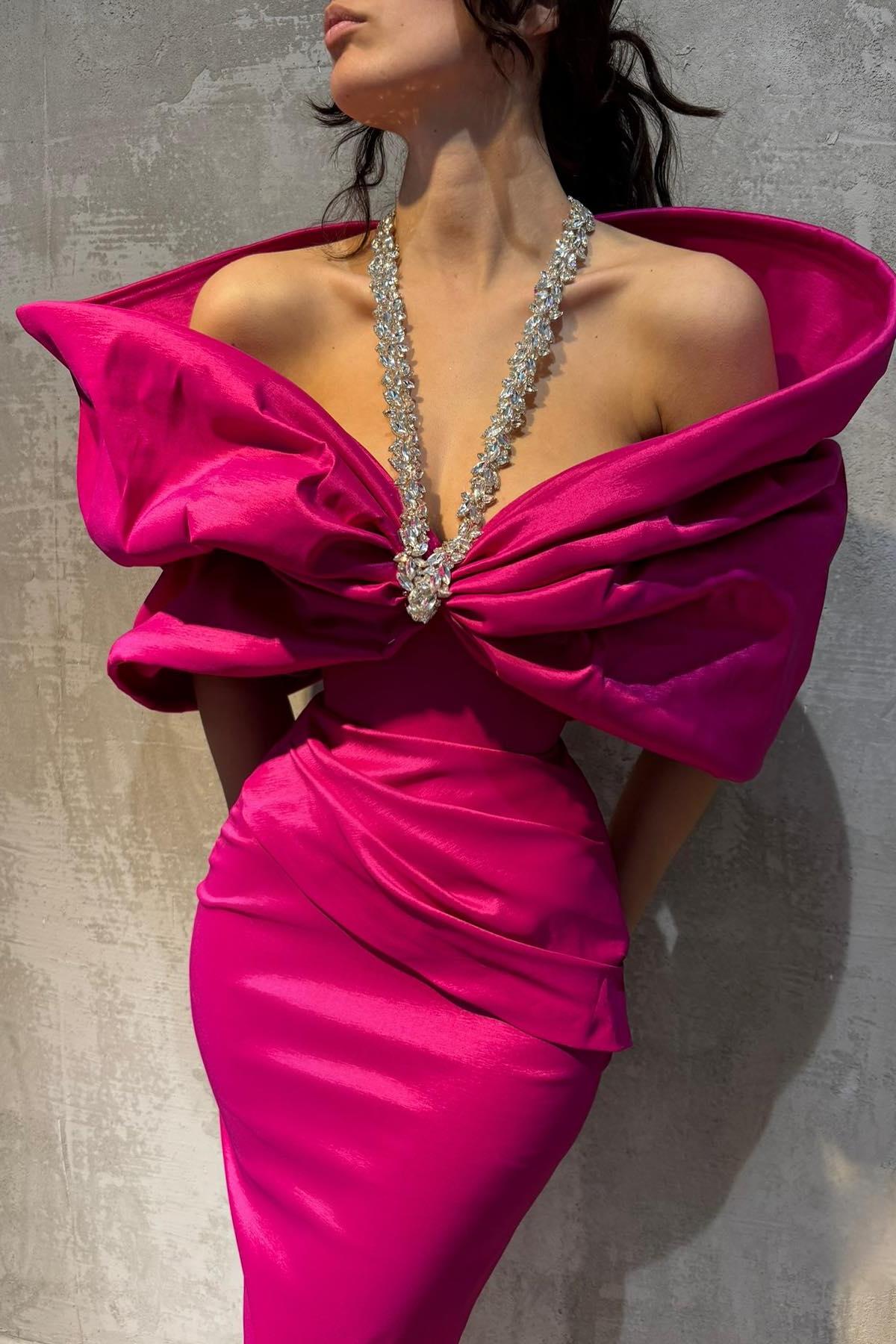 Column Satin Halter Half Sleeve Pink Prom Dress Formal Dress With Bow Knot