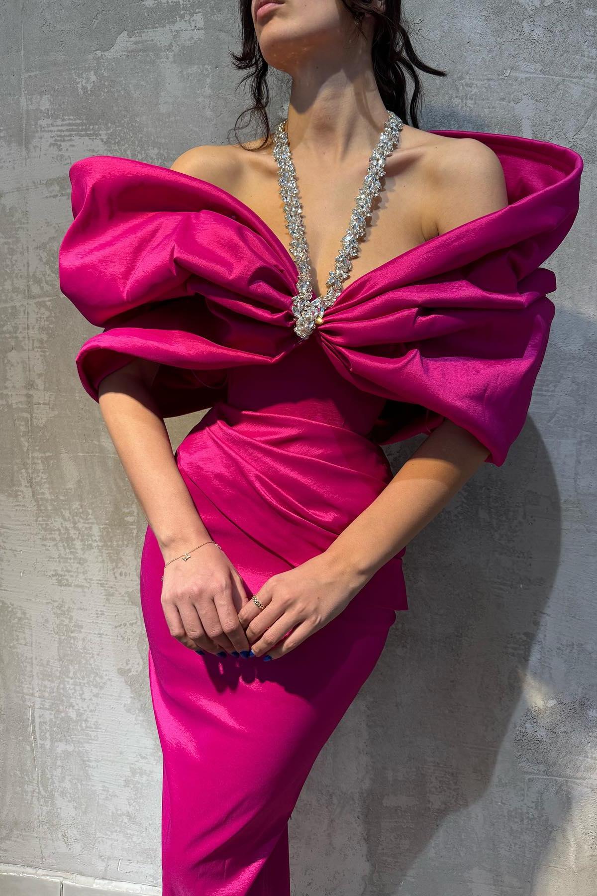 Column Satin Halter Half Sleeve Pink Prom Dress Formal Dress With Bow Knot