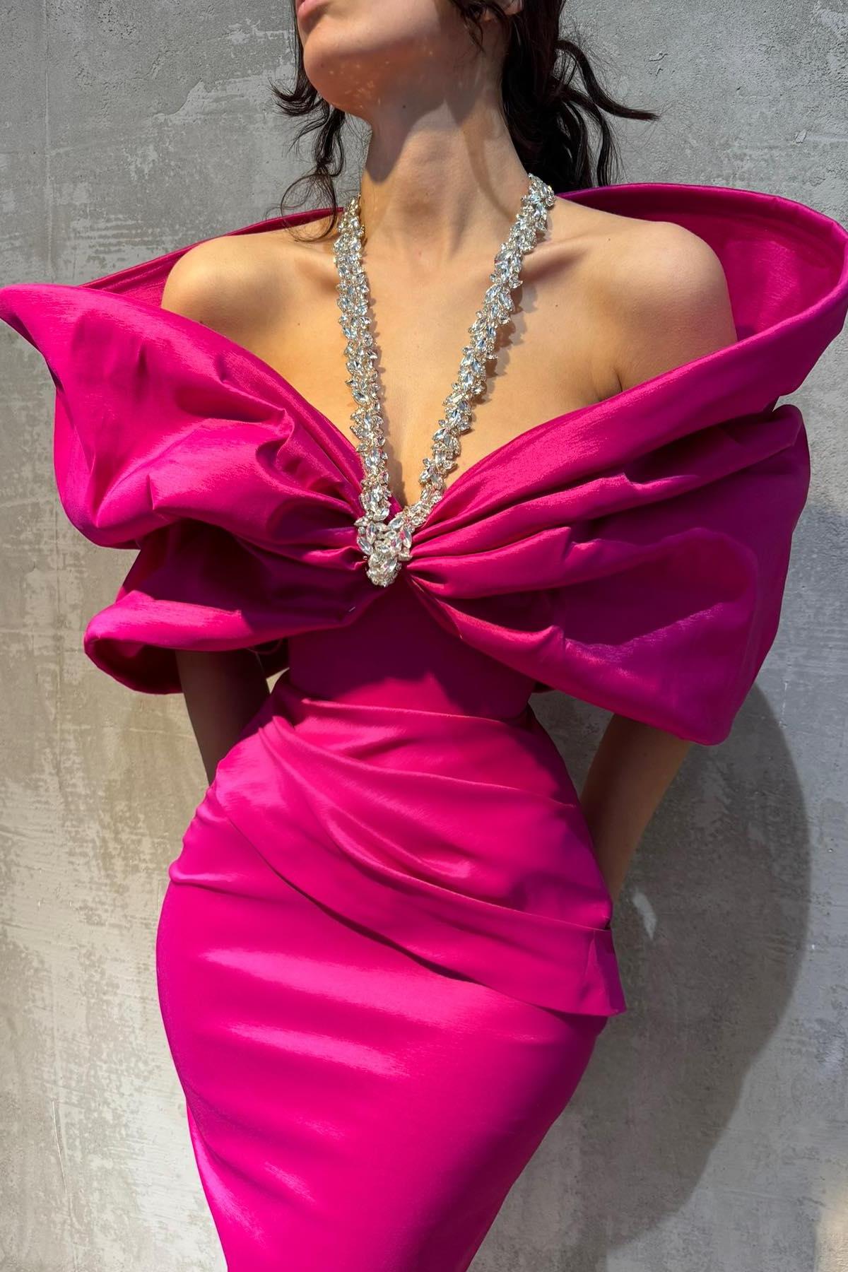 Column Satin Halter Half Sleeve Pink Prom Dress Formal Dress With Bow Knot