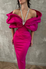 Column Satin Halter Half Sleeve Pink Prom Dress Formal Dress With Bow Knot