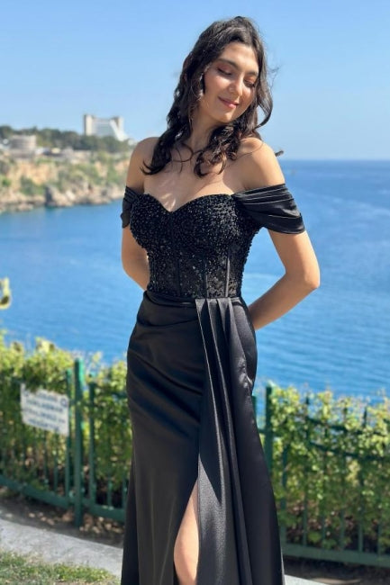 Column Satin Lace Off The Shoulder Sleeveless Black Prom Dress Formal Dress With Slit