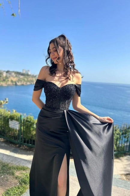 Column Satin Lace Off The Shoulder Sleeveless Black Prom Dress Formal Dress With Slit