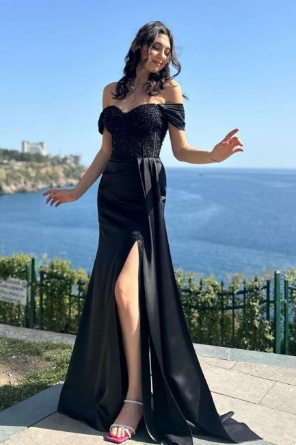 Column Satin Lace Off The Shoulder Sleeveless Black Prom Dress Formal Dress With Slit