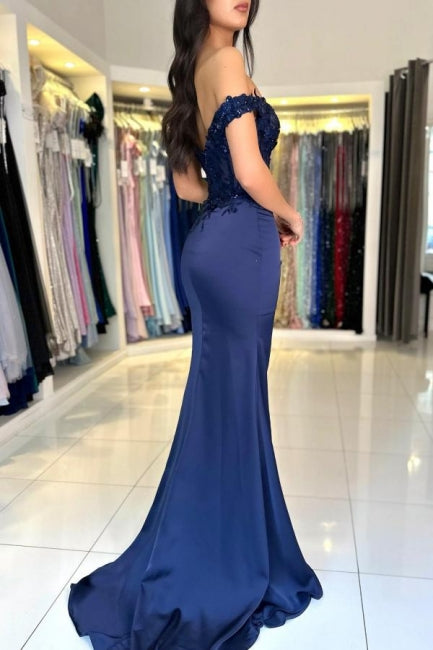 Column Satin Lace Off The Shoulder Sleeveless Formal Dress With Appliques Slit