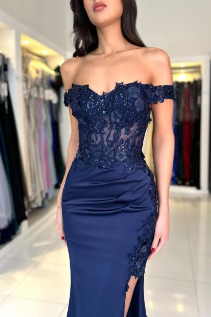 Column Satin Lace Off The Shoulder Sleeveless Formal Dress With Appliques Slit