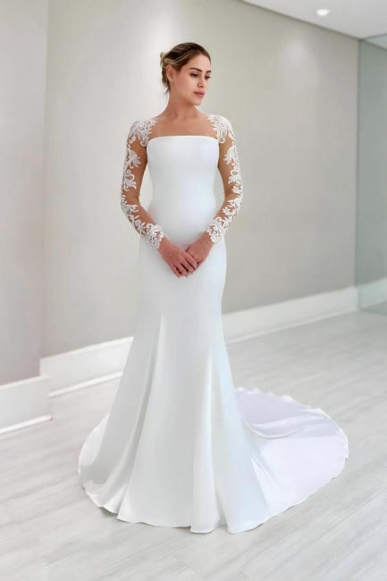 Column Satin Lace Sleeve White Wedding Dress Bridal Gown With Appliques