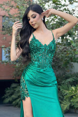 Column Satin Lace Spaghetti Straps Sleeveless Formal Dress With Appliques Split
