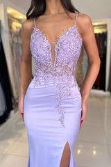 Column Satin Lace V Neck Sleeveless Formal Dress With Appliques Split